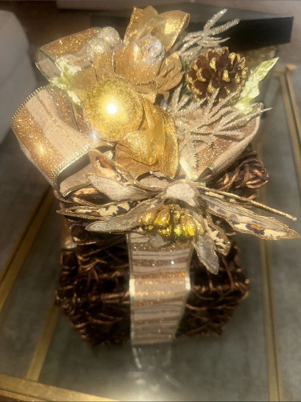 Elegant Gold and Brown wood Woven Decor Christmas gift box w/ Leopard Poinsetti